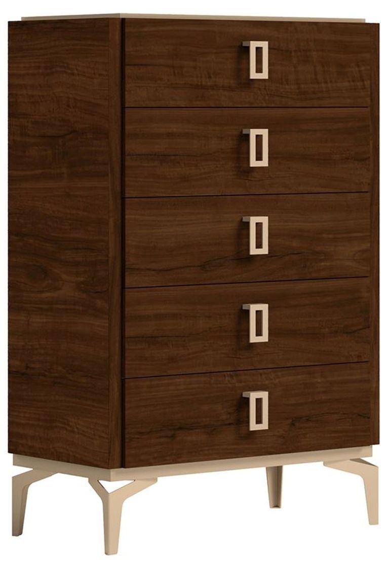 Modern Eva Tall Chest - 5 Drawer - Walnut with Gold Trim