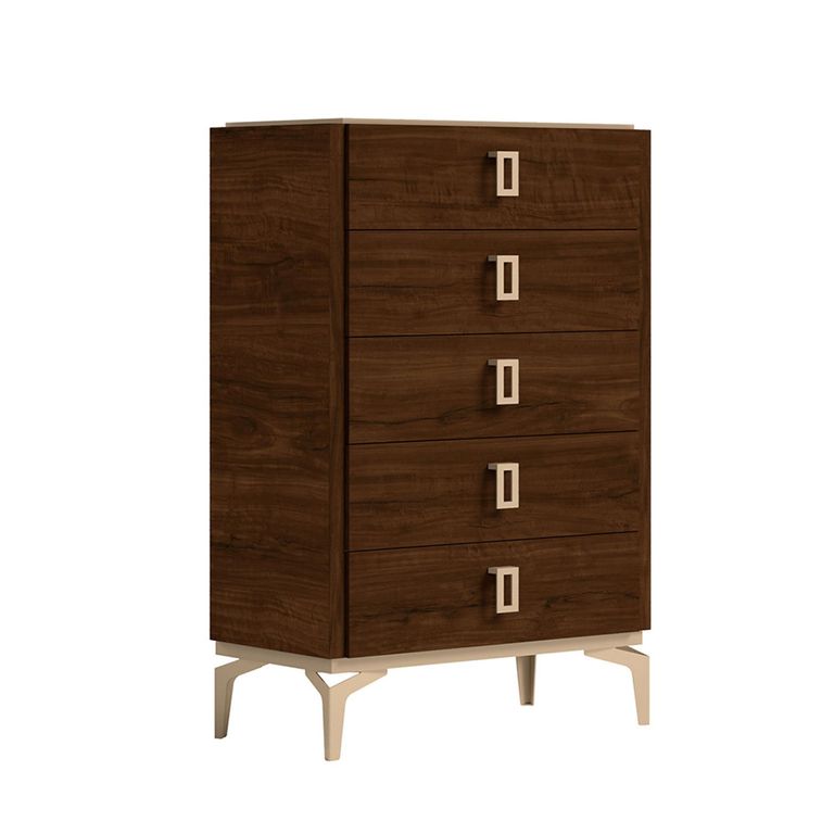 Modern Eva Tall Chest - 5 Drawer - Walnut with Gold Trim