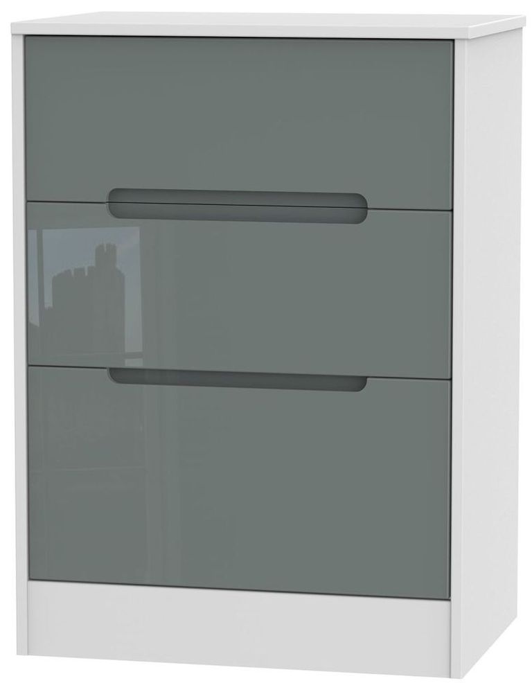 Monaco Grey Gloss and White 3 Drawer Deep Midi Chest
