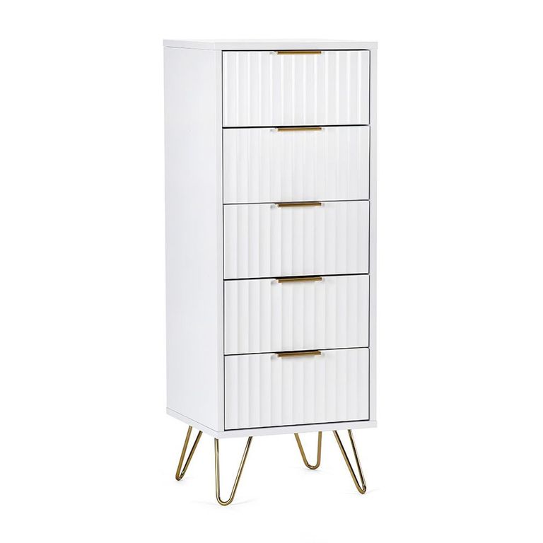 Murano Chest of Drawers - 5 Drawer - Narrow - Ribbed - White