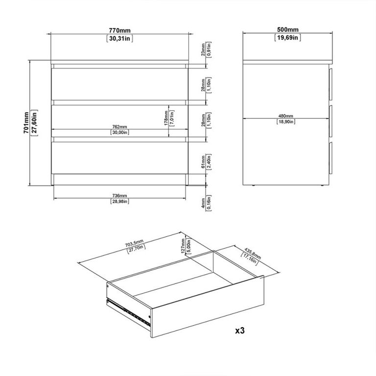 Naia White Gloss 3 Drawer Small Chest