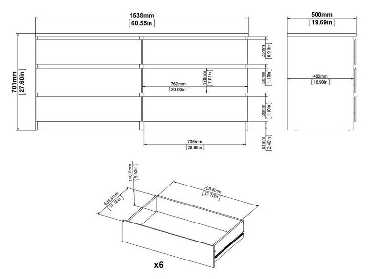 Naia White Gloss 6 Drawer Wide Chest