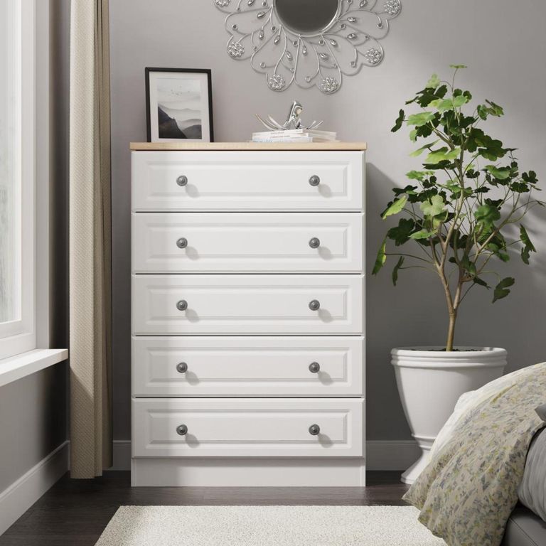 Norfolk White and Oak Effect 5 Drawer Chest