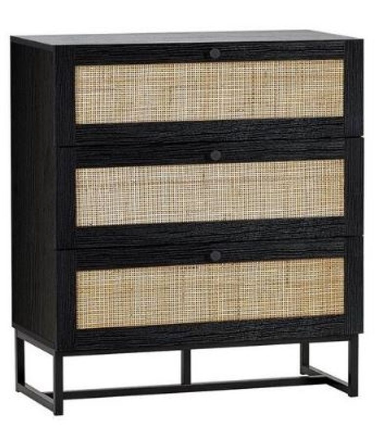 Padstow Chest of Drawers - 3 Drawer - Small - Black and Rattan