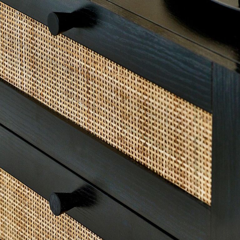 Padstow Chest of Drawers - 6 Drawer - Wide - Black and Rattan