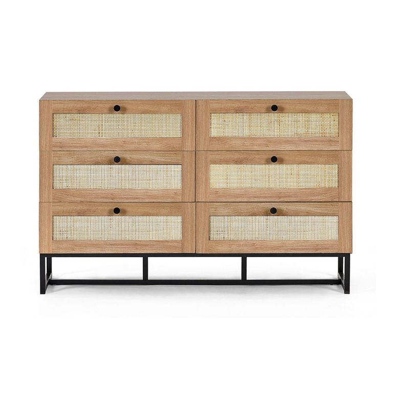 Padstow Chest of Drawers - 6 Drawer - Wide - Oak and Rattan