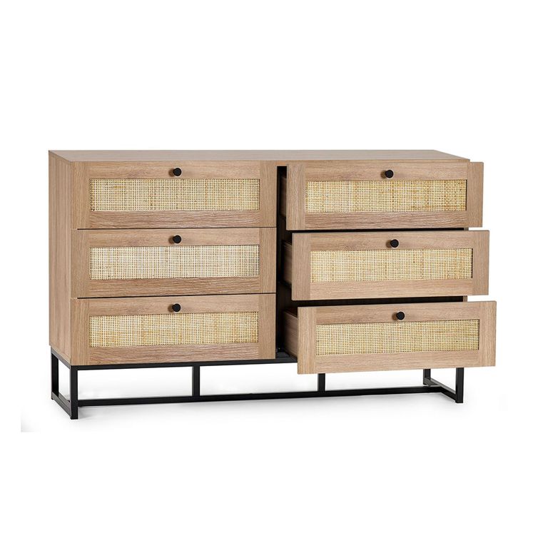 Padstow Chest of Drawers - 6 Drawer - Wide - Oak and Rattan