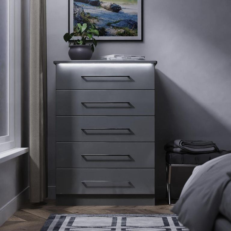 Paris Grey Gloss 5 Drawer Chest