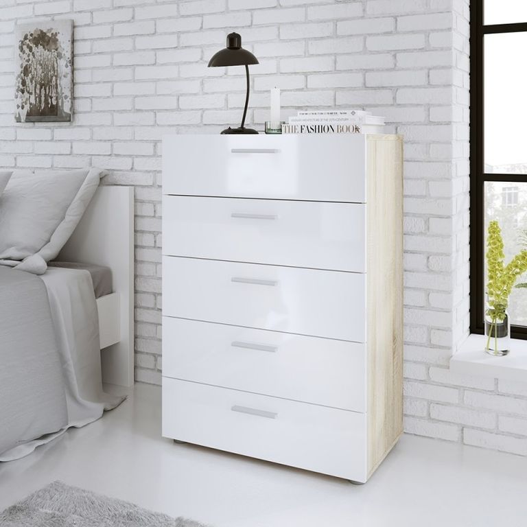 Pepe Oak Effect and White Gloss 5 Drawer Chest