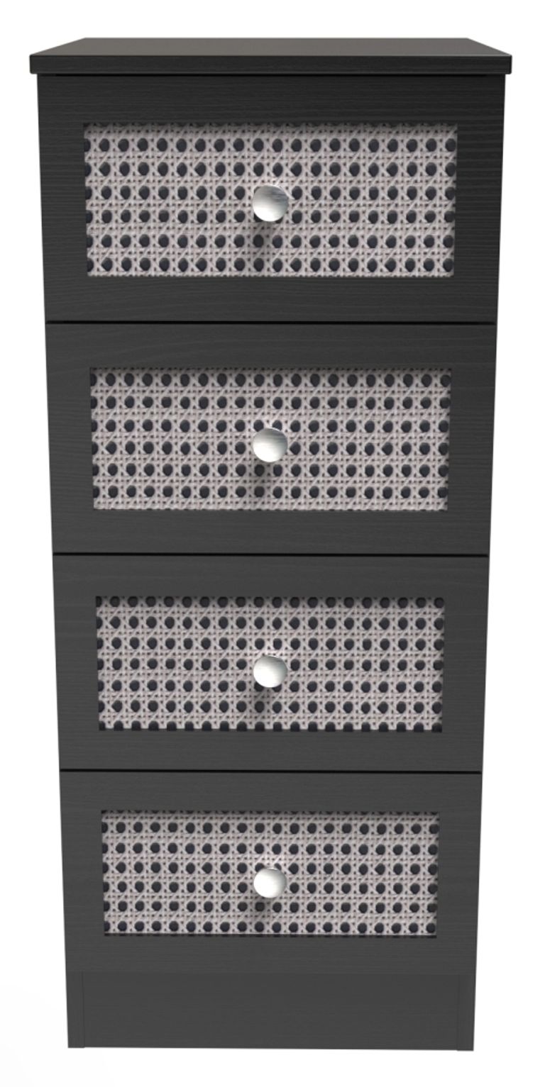 Rattan and Black Ash 4 Drawer Narrow Chest