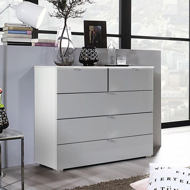 Rauch Erimo 3+2 Drawer Chest - Alpine White and Silk Grey Glass