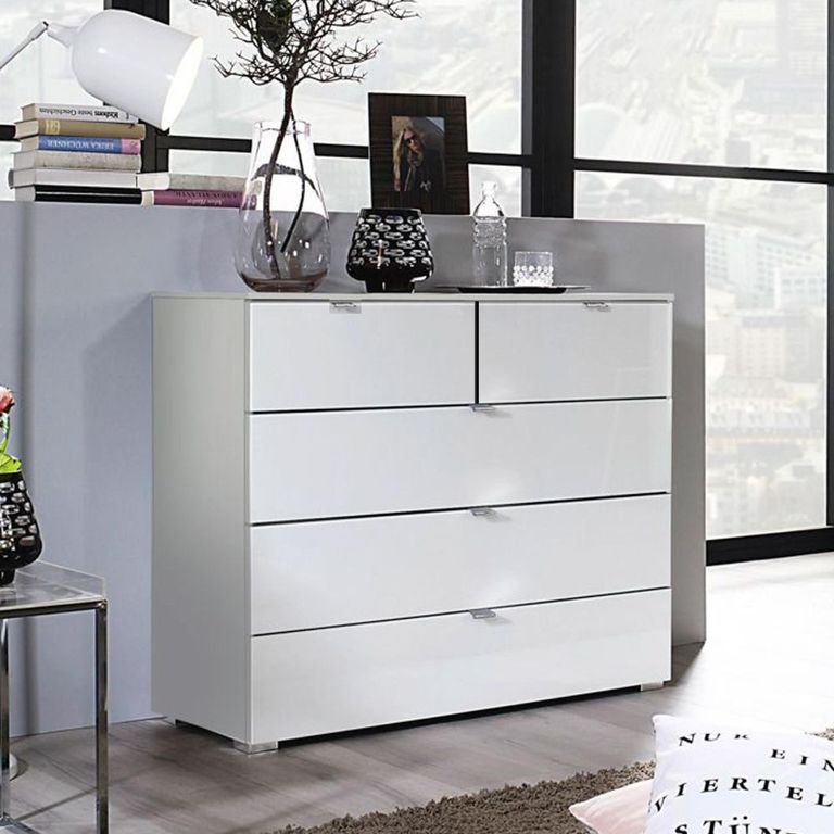 Rauch Erimo 3+2 Drawer Chest - Silk Grey and Crystal White Glass