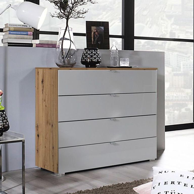 Rauch Erimo 4 Drawer Chest - Artisan Oak and Silk Grey Glass