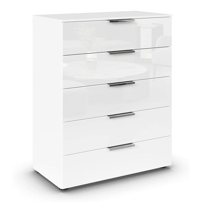 Rauch Flipp 5 Drawer Chest with Adjustable Height - Alpine White and White Glass