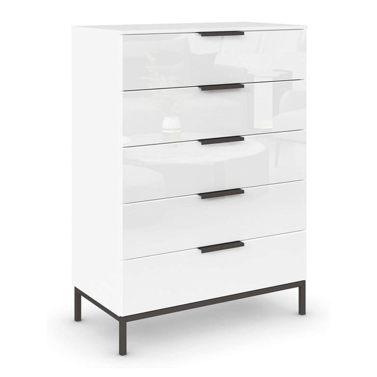 Rauch Flipp 5 Drawer Chest with Metal Base - Alpine White and White Glass