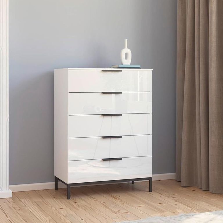 Rauch Flipp 5 Drawer Chest with Metal Base - Alpine White and White Glass