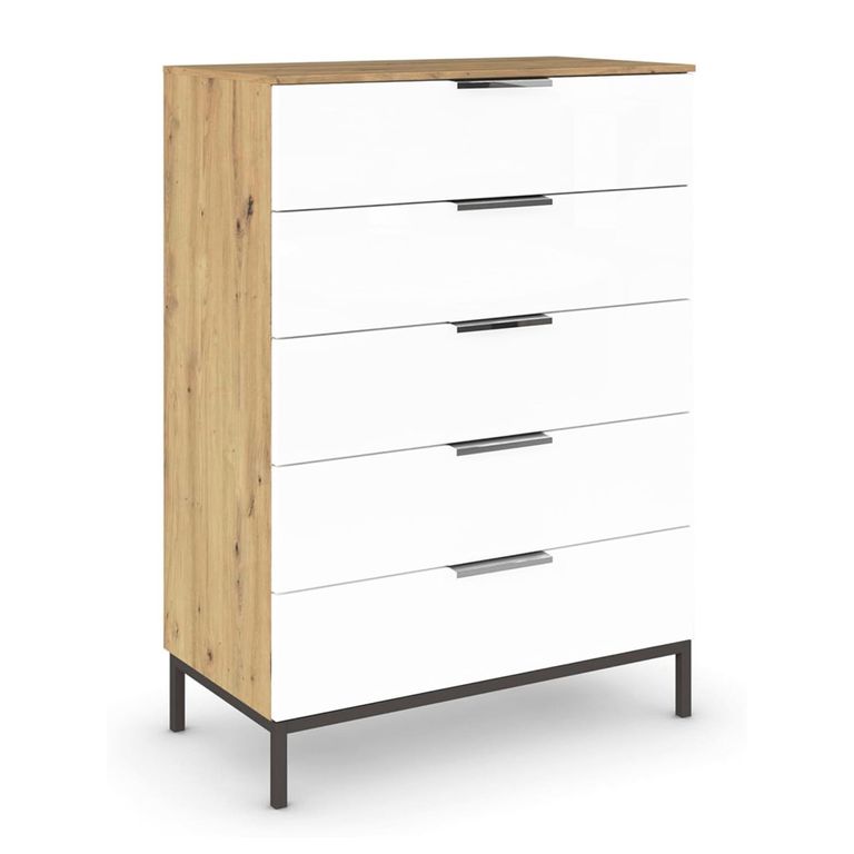 Rauch Flipp 5 Drawer Chest with Metal Base - Artisan Oak and Alpine White