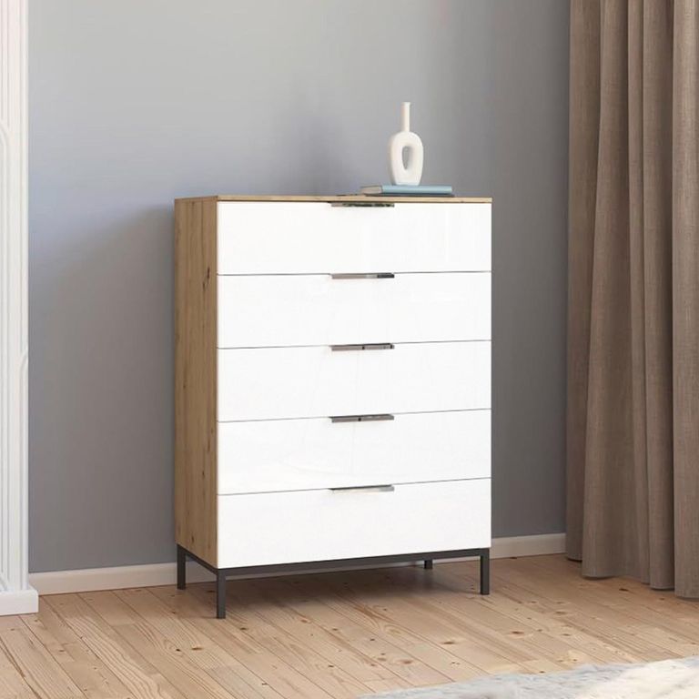 Rauch Flipp 5 Drawer Chest with Metal Base - Artisan Oak and Alpine White