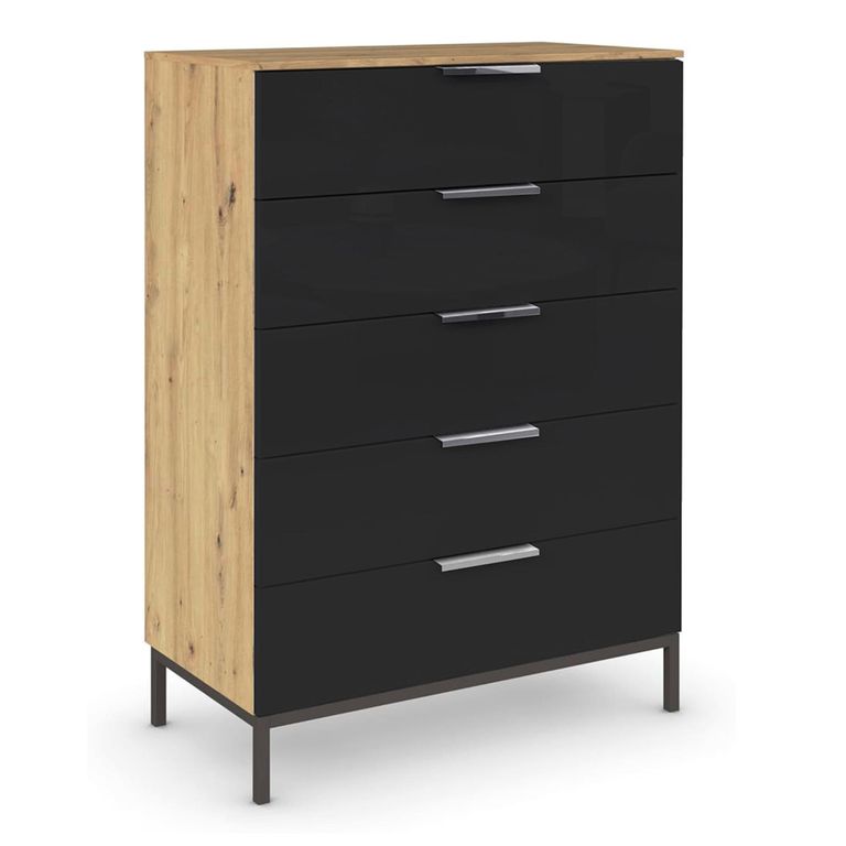 Rauch Flipp 5 Drawer Chest with Metal Base - Artisan Oak and Basalt Glass