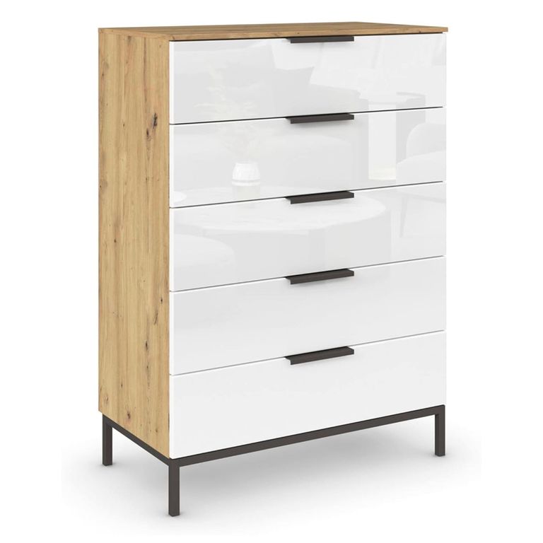 Rauch Flipp 5 Drawer Chest with Metal Base - Artisan Oak and White Glass