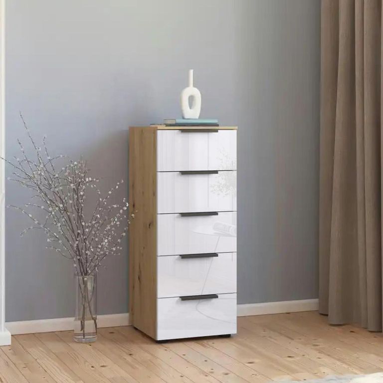 Rauch Flipp 5 Drawer Tall Chest with Adjustable Height - Artisan Oak and White Glass