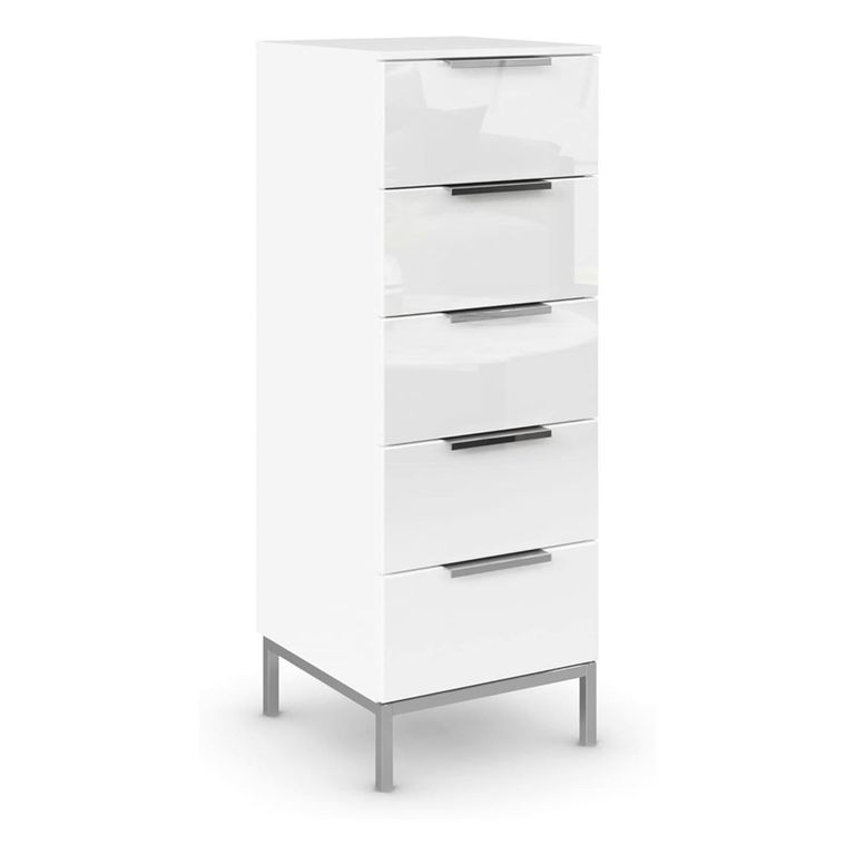 Rauch Flipp 5 Drawer Tall Chest with Metal Base - Alpine White and White Glass