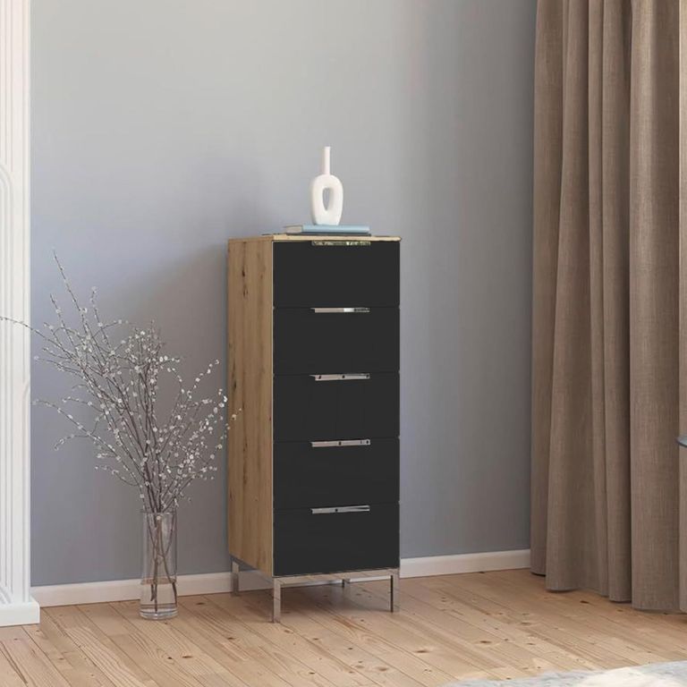 Rauch Flipp 5 Drawer Tall Chest with Metal Base - Artisan Oak and Graphite