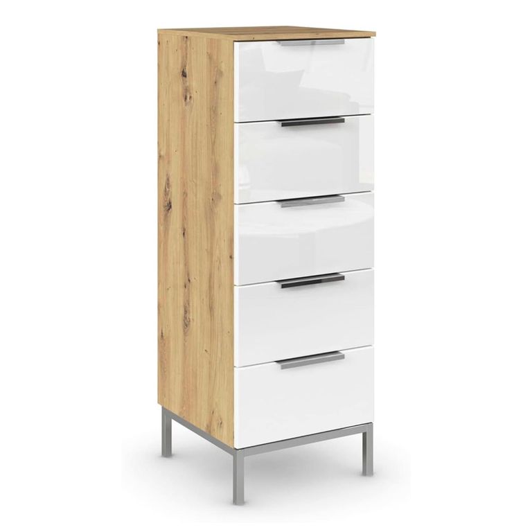 Rauch Flipp 5 Drawer Tall Chest with Metal Base - Artisan Oak and White Glass
