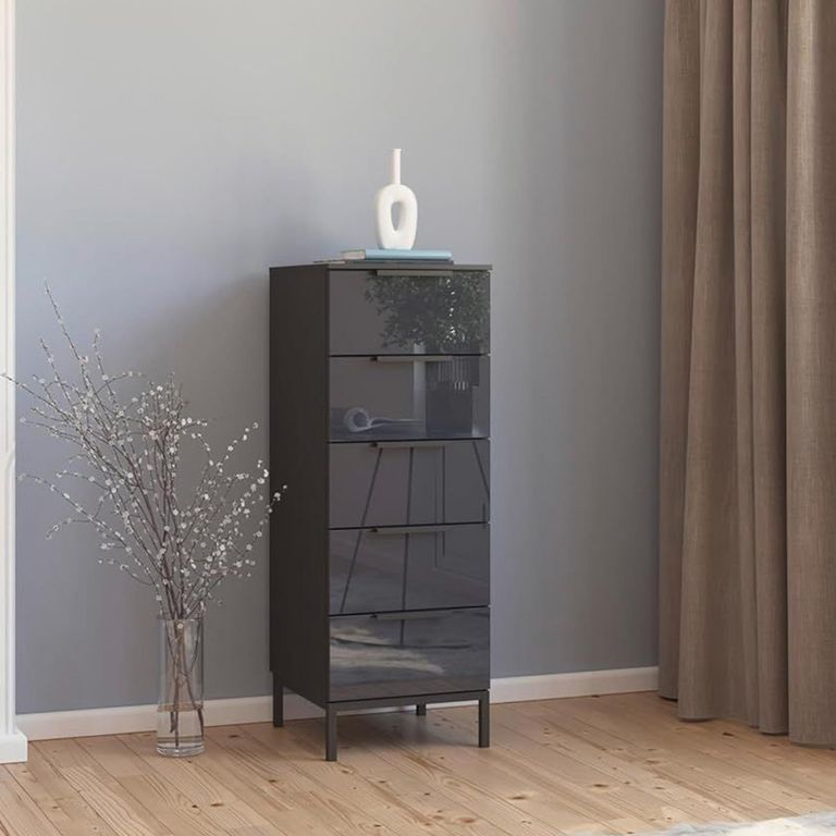 Rauch Flipp 5 Drawer Tall Chest with Metal Base - Graphite and Basalt Glass