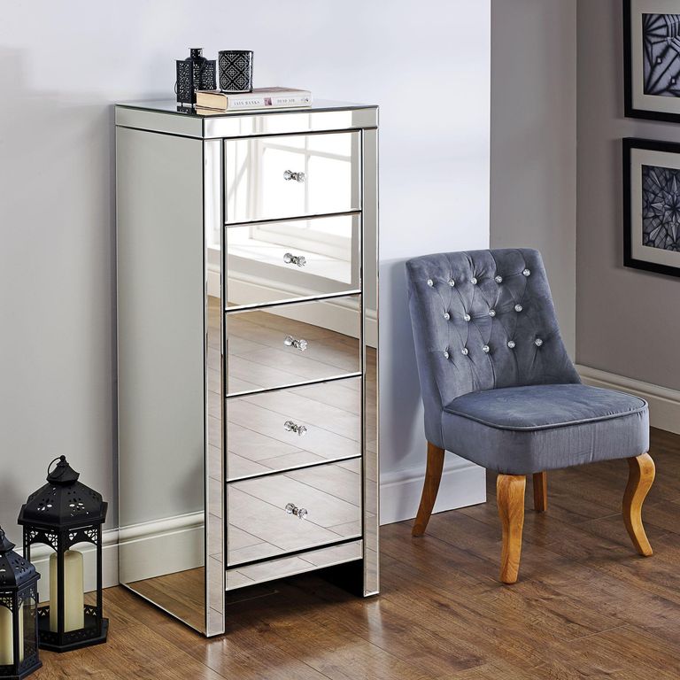 Seville Tall Chest - 5 Drawer - Mirrored