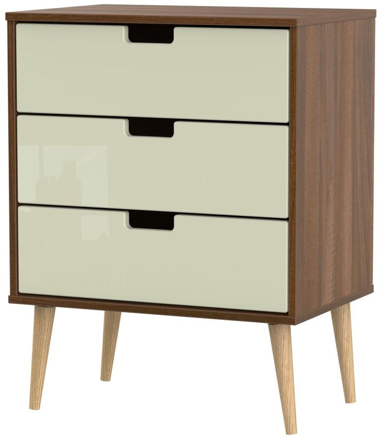 Shanghai Cream Gloss and Walnut Effect 3 Drawer Midi Chest with Natural Legs