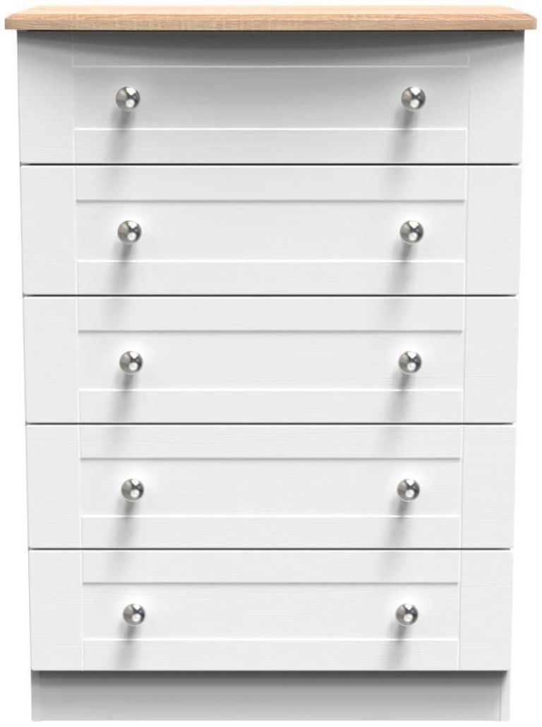 Sussex White and Oak Effect 5 Drawer Chest