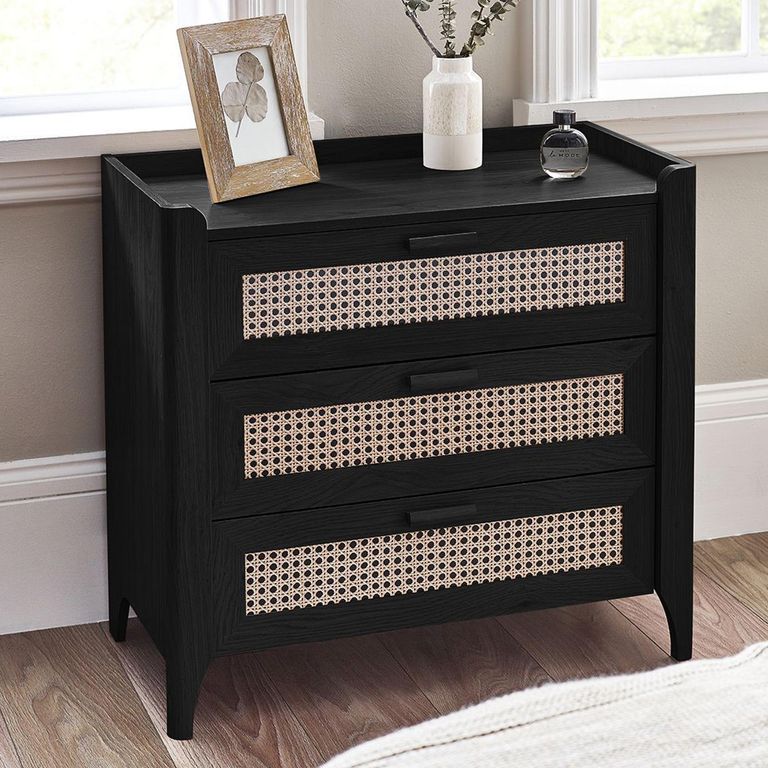 Sydney Chest of Drawers - 3 Drawer - Black and Faux Rattan