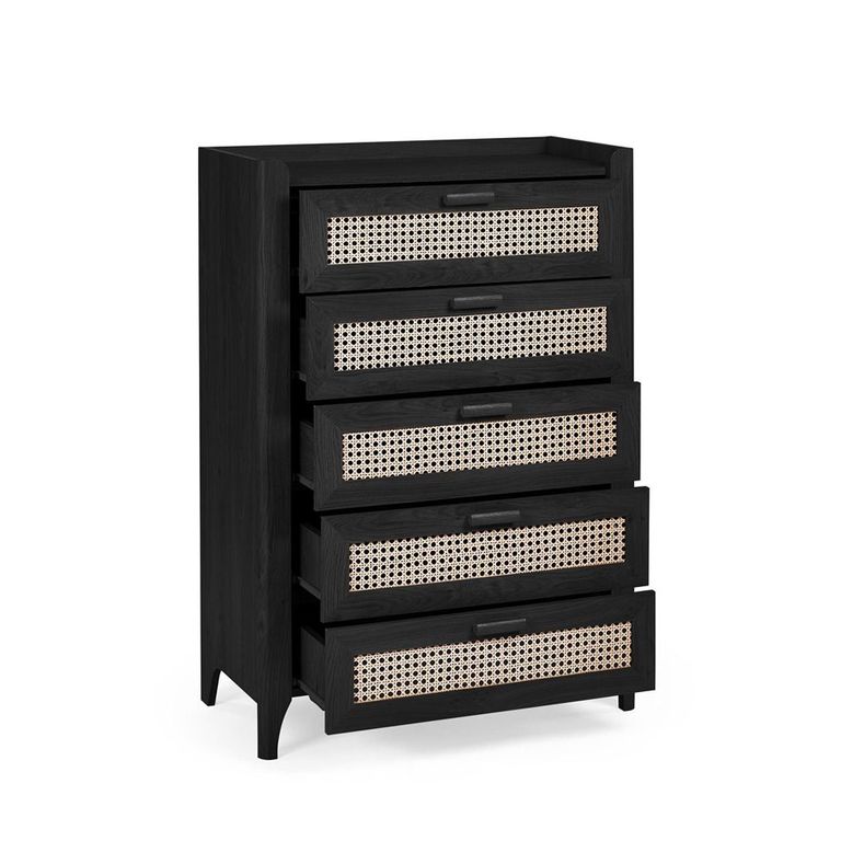 Sydney Chest of Drawers - 5 Drawer - Black and Faux Rattan