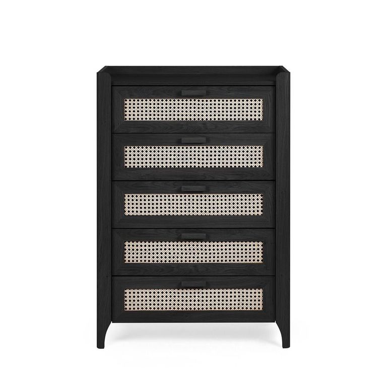 Sydney Chest of Drawers - 5 Drawer - Black and Faux Rattan