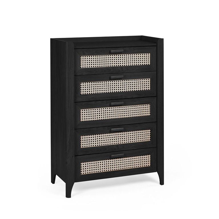 Sydney Chest of Drawers - 5 Drawer - Black and Faux Rattan
