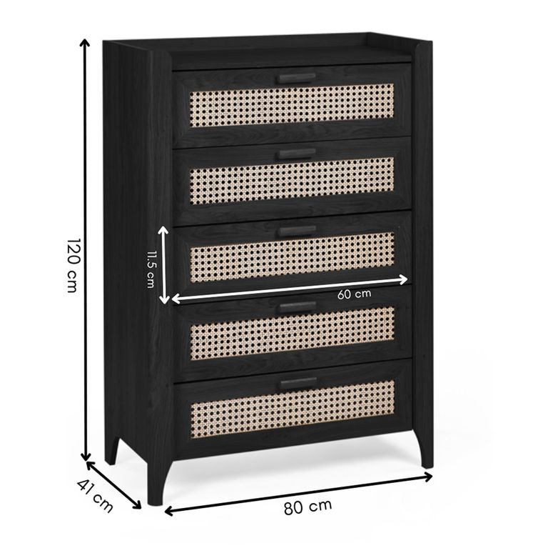 Sydney Chest of Drawers - 5 Drawer - Black and Faux Rattan