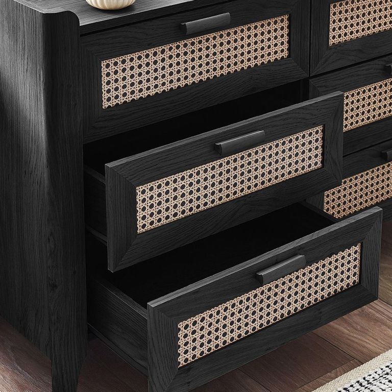 Sydney Chest of Drawers - 6 Drawer - Wide - Black and Faux Rattan