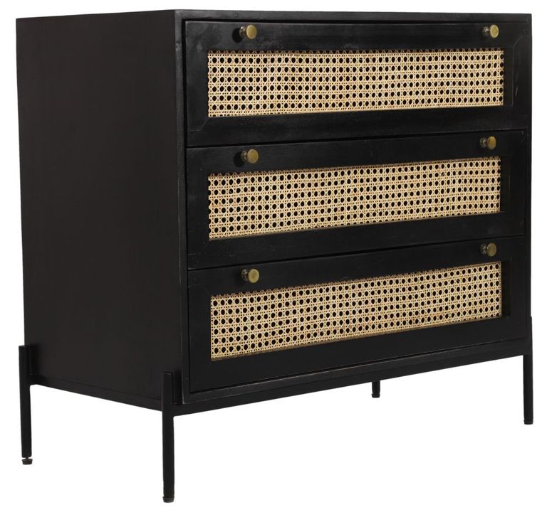 Tapola Black Wood and Rattan 3 Drawer Small Chest