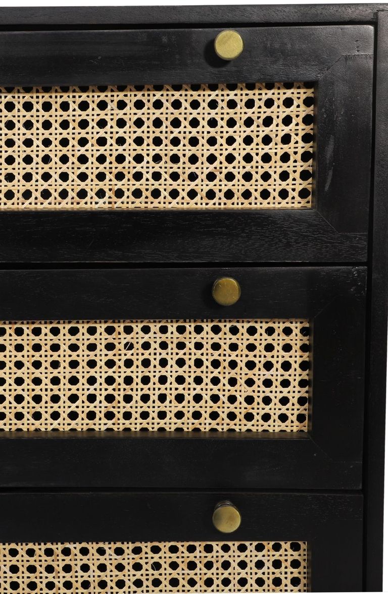 Tapola Black Wood and Rattan 3 Drawer Small Chest