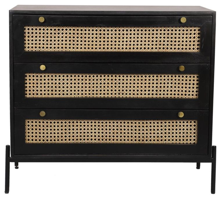 Tapola Black Wood and Rattan 3 Drawer Small Chest