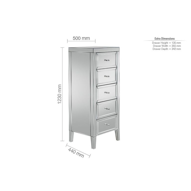 Valencia Narrow Chest - 5 Drawer - Mirrored