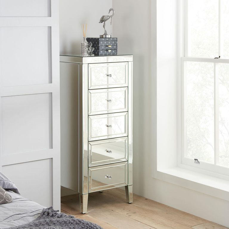 Valencia Narrow Chest - 5 Drawer - Mirrored
