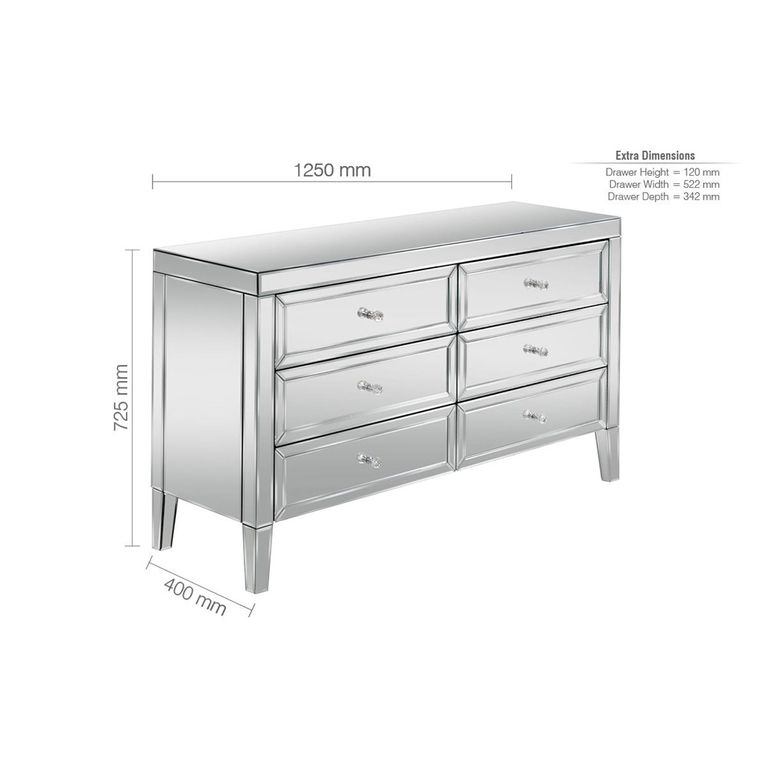 Valencia Wide Chest - 6 Drawer - Mirrored