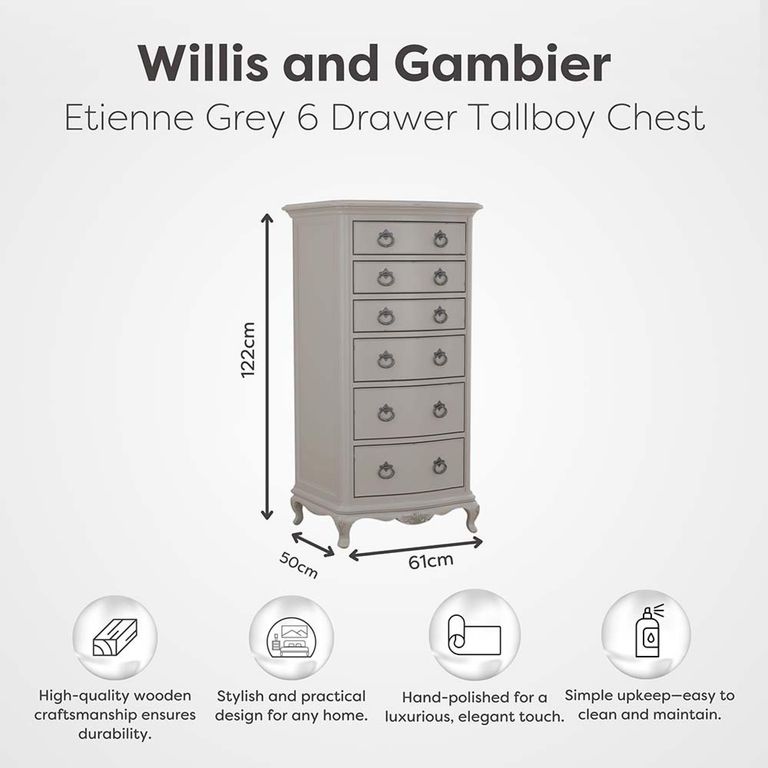 Etienne Tall Chest - 6 Drawer - Grey