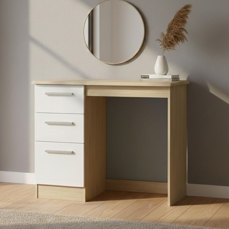 Knightsbridge White Gloss and Light Oak 3 Drawer Single Dressing Table