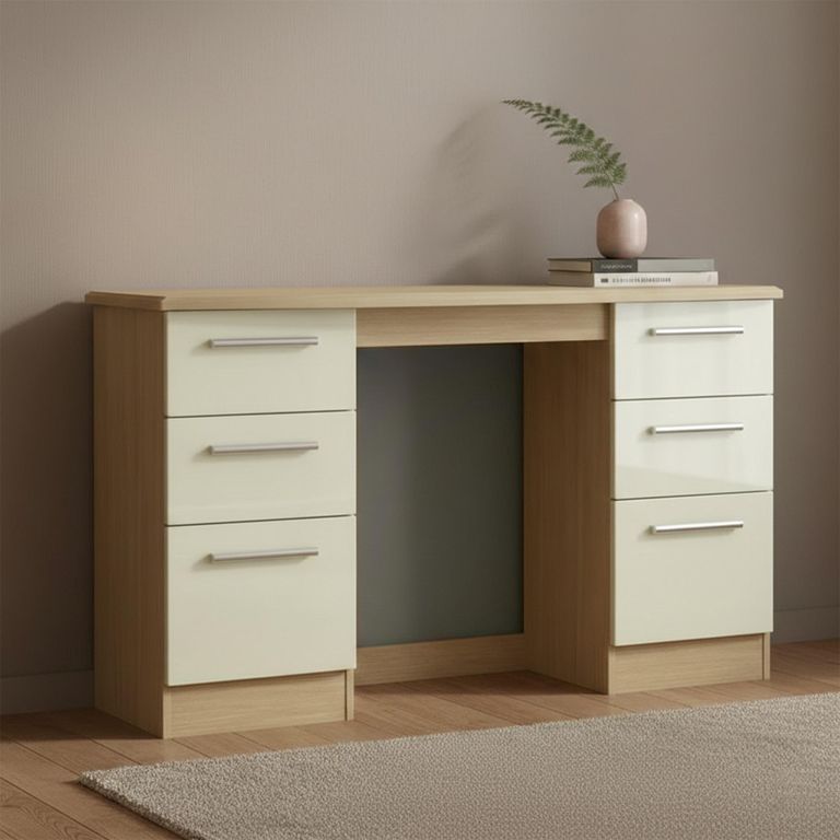 Knightsbridge Dressing Table - 6 Drawer - Double - Cream Gloss and Light Oak
