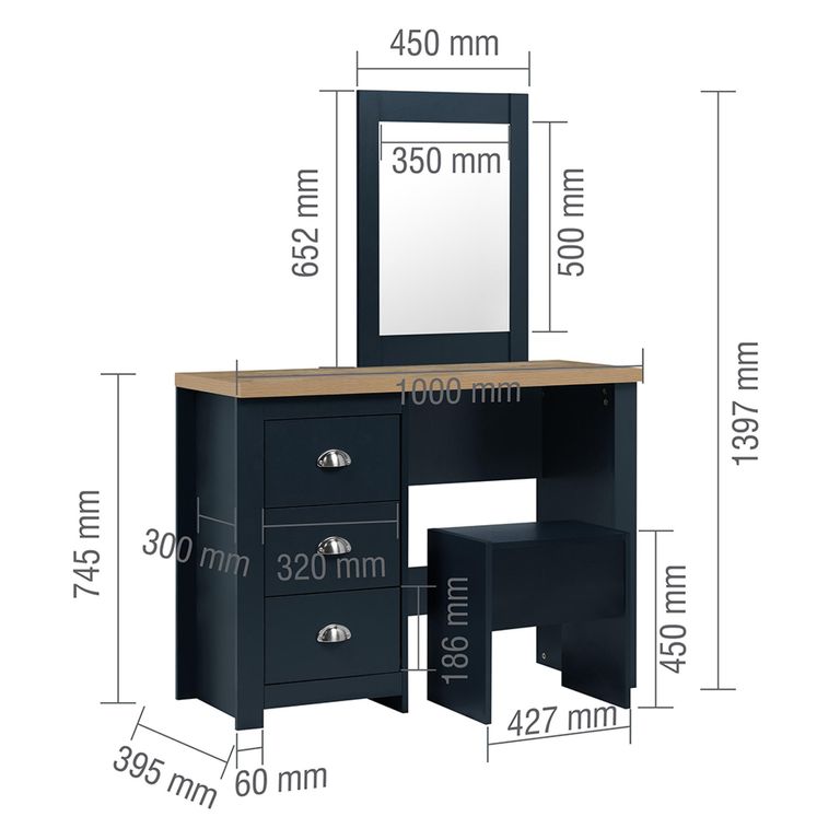 Highgate Dressing Set - 3 Drawer - Navy Blue Painted