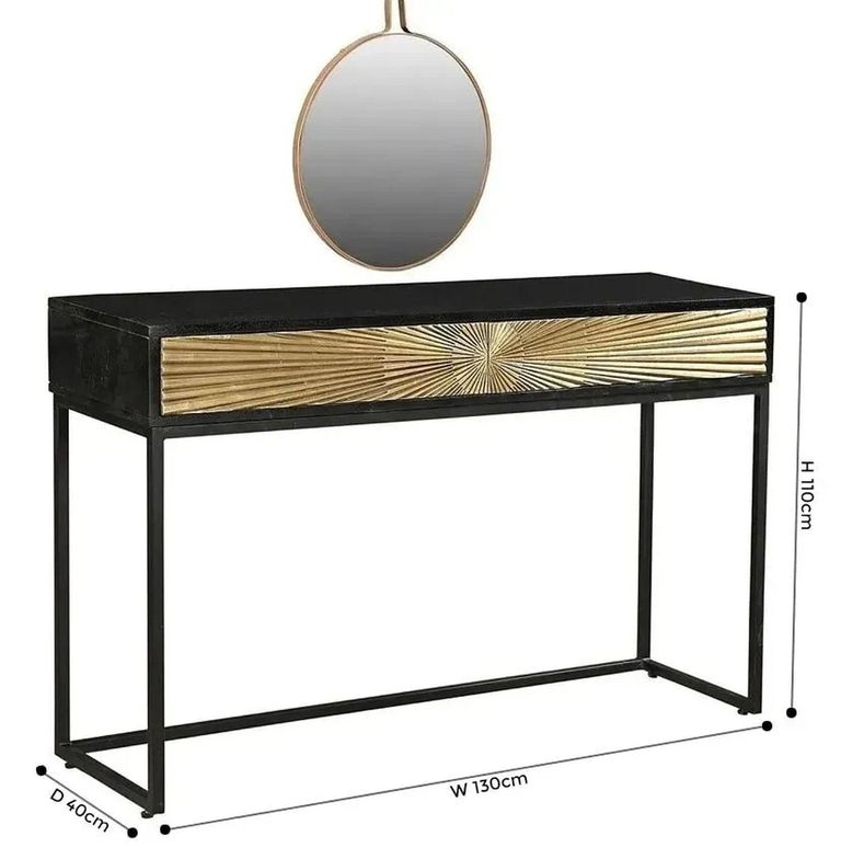 Clearance - Luxe Black and Antique Gold Starburst Dressing Table with Mirror - 2 Drawers - Brand New Item