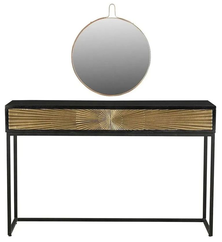 Clearance - Luxe Black and Antique Gold Starburst Dressing Table with Mirror - 2 Drawers - Brand New Item